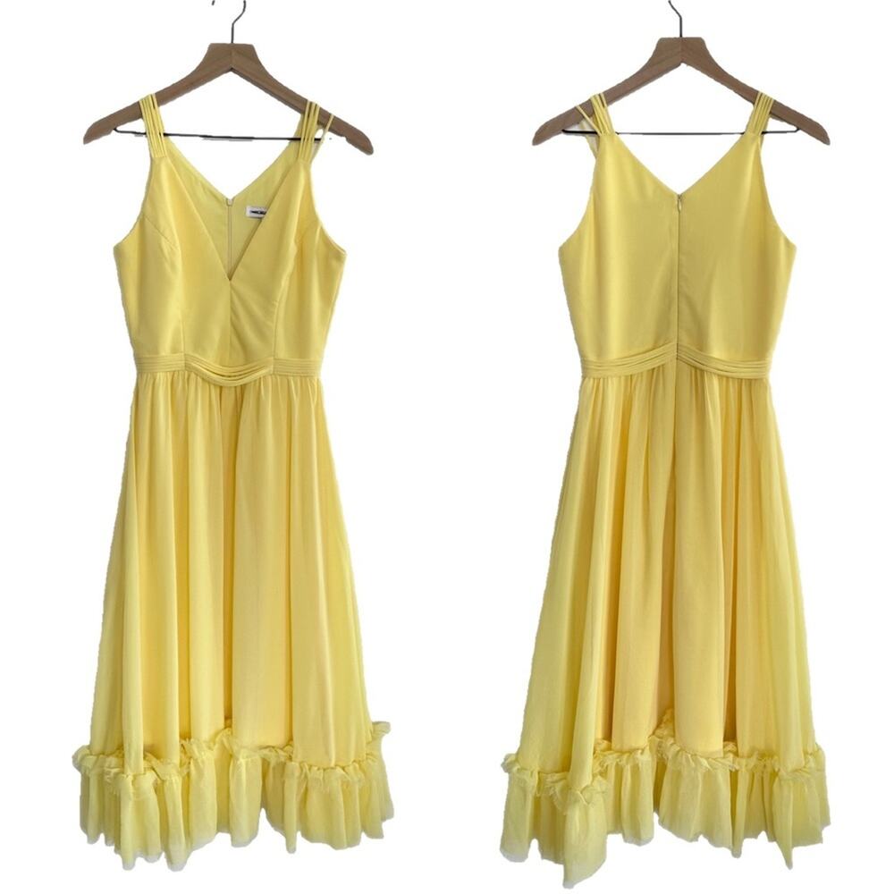 Dress The Population Yellow Chiffon Fit & Flare Midi Dress Size S